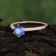 6-Prong Classic Round Cut Sapphire Engagement Ring Pave Bridal Ring