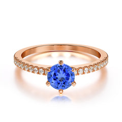 6-Prong Classic Round Cut Sapphire Engagement Ring Pave Bridal Ring