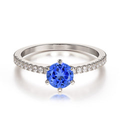 6-Prong Classic Round Cut Sapphire Engagement Ring Pave Bridal Ring