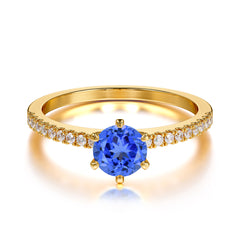 6-Prong Classic Round Cut Sapphire Engagement Ring Pave Bridal Ring