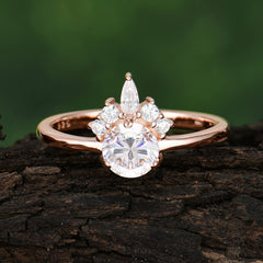 Unique Cluster Engagement Ring Round Shaped Moissanite Anniversary Ring
