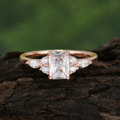 1 Carat Emerald Cut Moissanite Classic Side Stone Engagement Ring