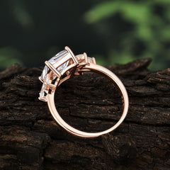 4CT Emerald Cut Moissanite Vintage Engagement Ring with Marquise Cluster