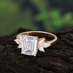 4CT Emerald Cut Moissanite Vintage Engagement Ring with Marquise Cluster
