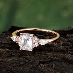 1 Carat Emerald Cut Moissanite Classic Side Stone Engagement Ring