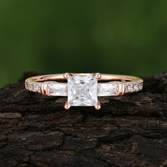 Classic Princess Cut Moissanite Promise Ring Side Stone Bridal Ring