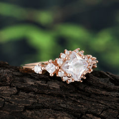 Sparkling Princess Cut Vintage Halo Cluster Moissanite Engagement Ring