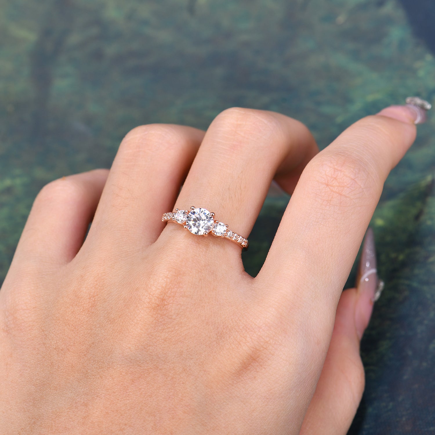 Round Cut Moissanite Engagement Ring Three Stone Promise Ring Four Claw Prong Setting