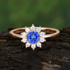 Flower Inspired Unique Cluster Ring Round Cut Sapphire Engagement Ring