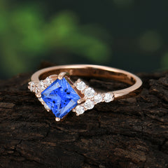 4 Prong Dainty Princess Cut Sapphire Enagement Ring Vintage Side Stone Ring