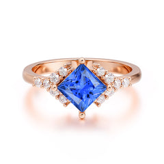 4 Prong Dainty Princess Cut Sapphire Enagement Ring Vintage Side Stone Ring