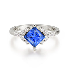 4 Prong Dainty Princess Cut Sapphire Enagement Ring Vintage Side Stone Ring