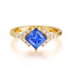 4 Prong Dainty Princess Cut Sapphire Enagement Ring Vintage Side Stone Ring