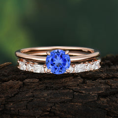 4 Prong Round Cut Sapphire Solitaire Ring with Wedding Band Bridal Set