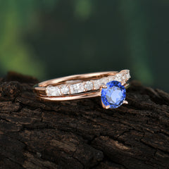 4 Prong Round Cut Sapphire Solitaire Ring with Wedding Band Bridal Set