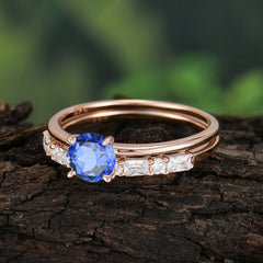 4 Prong Round Cut Sapphire Solitaire Ring with Wedding Band Bridal Set