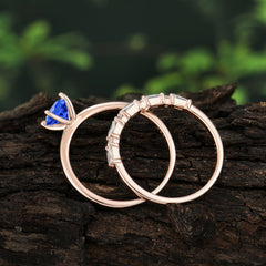4 Prong Round Cut Sapphire Solitaire Ring with Wedding Band Bridal Set