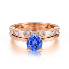 4 Prong Round Cut Sapphire Solitaire Ring with Wedding Band Bridal Set