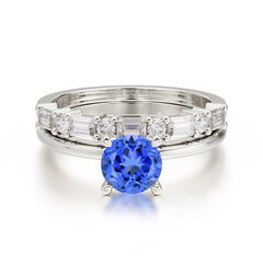 4 Prong Round Cut Sapphire Solitaire Ring with Wedding Band Bridal Set
