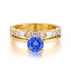 4 Prong Round Cut Sapphire Solitaire Ring with Wedding Band Bridal Set
