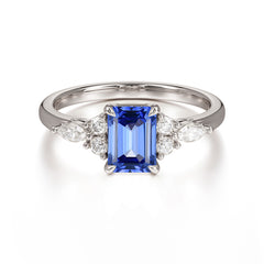 1 Carat 4 Prong Emerald Cut Sapphire Classic Side Stone Engagement Ring