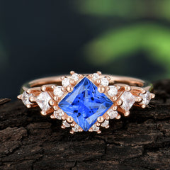 Sapphire Engagement Ring | 4 Prong Vintage Style | Sparkling Princess Cut | Sapphire Halo Cluster Ring