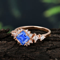 Sapphire Engagement Ring | 4 Prong Vintage Style | Sparkling Princess Cut | Sapphire Halo Cluster Ring