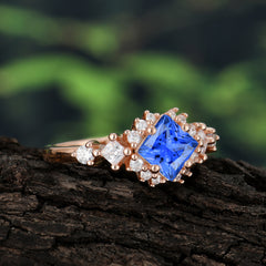 Sapphire Engagement Ring | 4 Prong Vintage Style | Sparkling Princess Cut | Sapphire Halo Cluster Ring