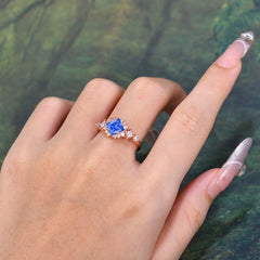 Sapphire Engagement Ring | 4 Prong Vintage Style | Sparkling Princess Cut | Sapphire Halo Cluster Ring