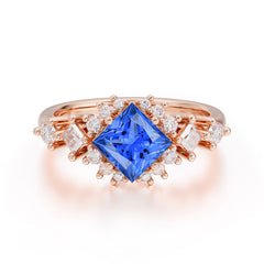 Sapphire Engagement Ring | 4 Prong Vintage Style | Sparkling Princess Cut | Sapphire Halo Cluster Ring