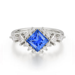 Sapphire Engagement Ring | 4 Prong Vintage Style | Sparkling Princess Cut | Sapphire Halo Cluster Ring