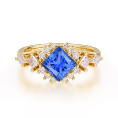 Sapphire Engagement Ring | 4 Prong Vintage Style | Sparkling Princess Cut | Sapphire Halo Cluster Ring
