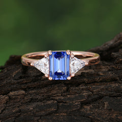 1CT Emerald Cut 4 Prong Sapphire Three Stone Engagement Ring