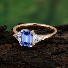 1CT Emerald Cut 4 Prong Sapphire Three Stone Engagement Ring