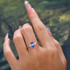 1CT Emerald Cut 4 Prong Sapphire Three Stone Engagement Ring