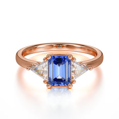 1CT Emerald Cut 4 Prong Sapphire Three Stone Engagement Ring