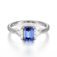 1CT Emerald Cut 4 Prong Sapphire Three Stone Engagement Ring