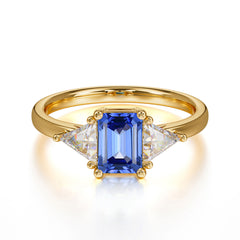 1CT Emerald Cut 4 Prong Sapphire Three Stone Engagement Ring