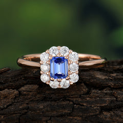 Emerald Cut 6 Prong Engagement Ring Classic Lab Grown Sapphire Halo Promise Ring