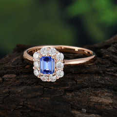Emerald Cut 6 Prong Engagement Ring Classic Lab Grown Sapphire Halo Promise Ring