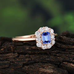 Emerald Cut 6 Prong Engagement Ring Classic Lab Grown Sapphire Halo Promise Ring