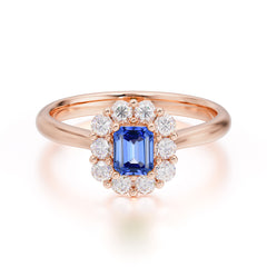 Emerald Cut 6 Prong Engagement Ring Classic Lab Grown Sapphire Halo Promise Ring