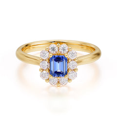 Emerald Cut 6 Prong Engagement Ring Classic Lab Grown Sapphire Halo Promise Ring