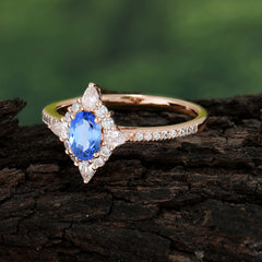 Vintage 4 Prong Oval Cut Sapphire Engagement Ring Cluster Pave Bridal Ring