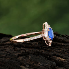 Vintage 4 Prong Oval Cut Sapphire Engagement Ring Cluster Pave Bridal Ring