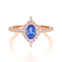 Vintage 4 Prong Oval Cut Sapphire Engagement Ring Cluster Pave Bridal Ring