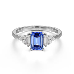 1 Carat Emerald Cut Sapphire Engagement Ring Classic Side Stone Wedding Ring