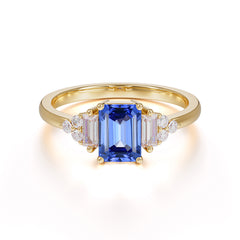 1 Carat Emerald Cut Sapphire Engagement Ring Classic Side Stone Wedding Ring