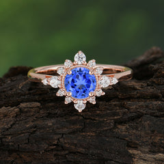 4 Prong Vintage Round Cut Cluster Sapphire Ring | Wedding & Engagement Ring | Flower Design Jewelry
