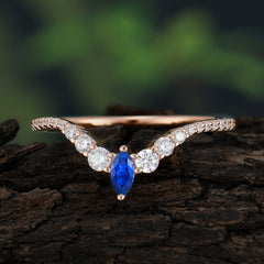 2 Prong Marquise & Round Cut Sapphire Curved Wedding Band Stacking Ring